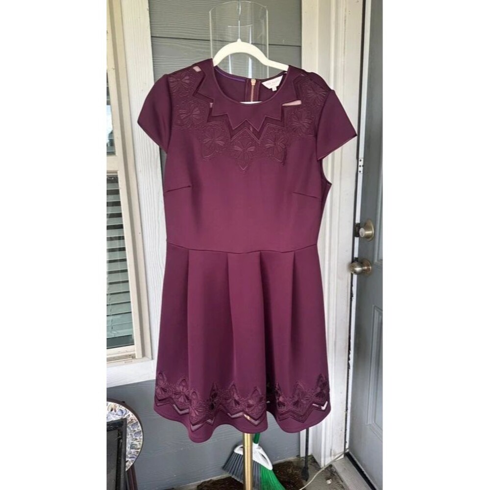 Size 5 - Ted Baker Burgundy Embroidered Fit & Flare Dress Brand New